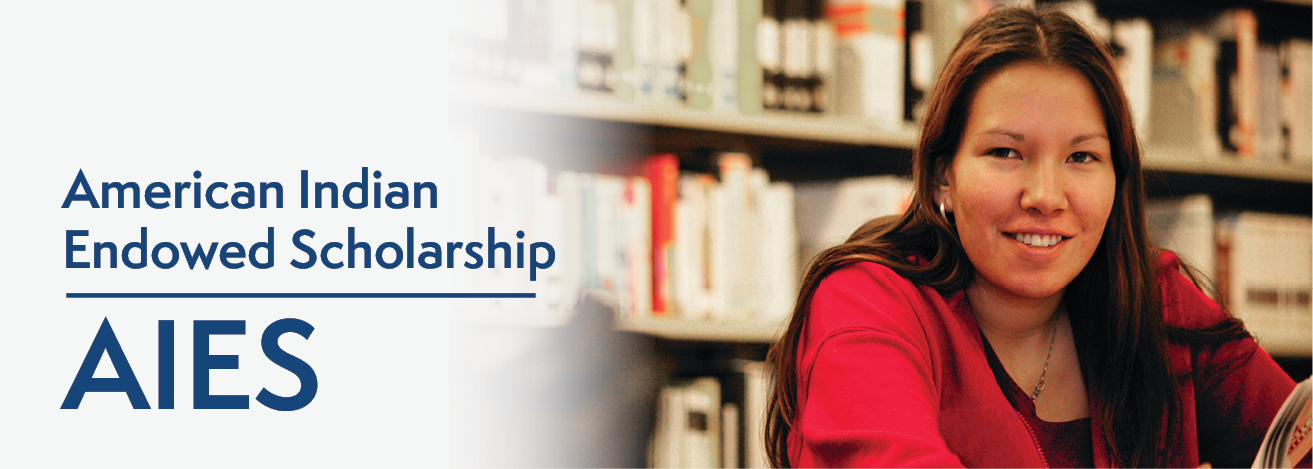 Web banner for American Indian Endowed Scholarship with young Native woman in a library